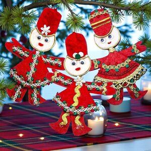 Vintage Red Felt Toy Soldier Ornaments w/ Googly Eyes & Gold Trim 1960s v5